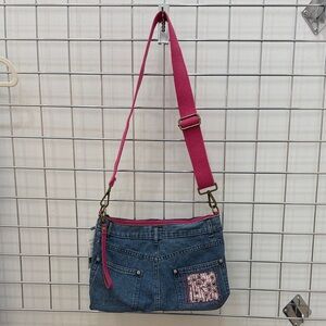 Upcycled Denim Crossbody Bag with adjustable pink cloth strap